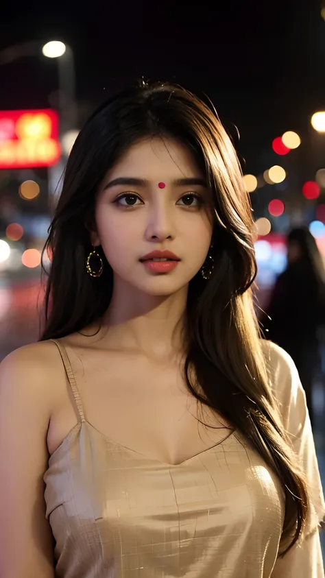 (((Desi Girl))), Her name is Abhirasha, chubby face, Natural Skin, Wearing a hot deep necktop and dupatta, Attractive black hair, ((The ends of the hair are blonde)), city street background, Bokeh