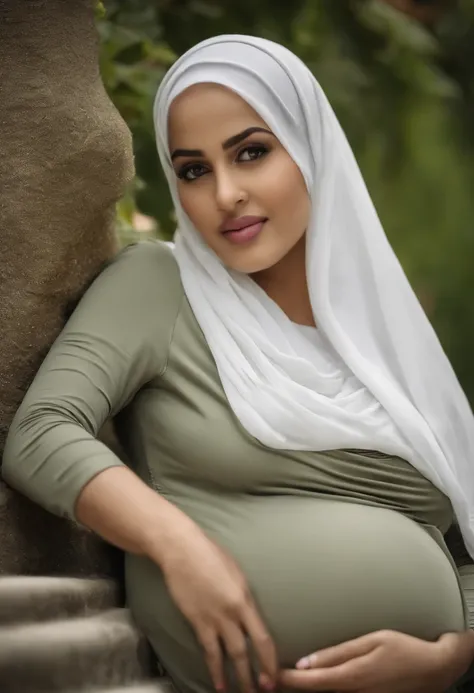 9 months pregnant beautiful young girl, wearing hijab, tight clothes, full body, 8k, high resolution, ultrasharp, masterpiece, hand holding belly, on the curch, surrounded by pregnant women wearing hijabs, big breast and big pregnant belly, face uncovered ...