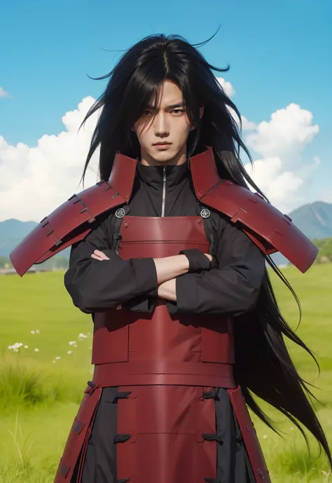 Real life adaption of this character,his name is Madara uchiha from anime Naruto,Korean adult handsome face,realistic long messy hair,realistic outfit with red iron armor like samurai,realistic light,realistic shadow,realistic background,(photorealistic:1....