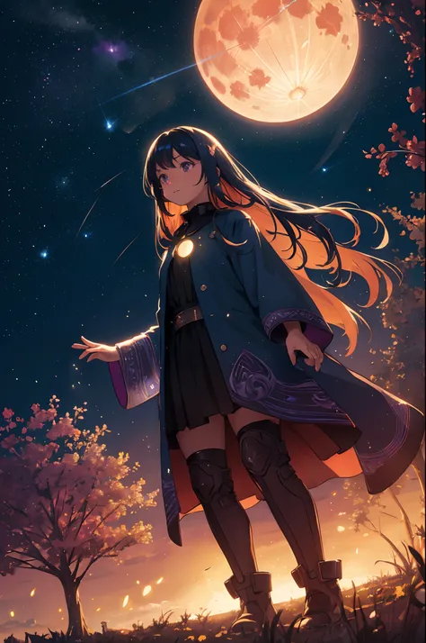 expansive landscape photograph , (a view from below that shows sky above and open field below), a girl standing on flower field looking up, (full moon:1.2), ( shooting stars:0.9), (nebula:1.3), distant mountain, tree BREAK
production art, (warm light sourc...