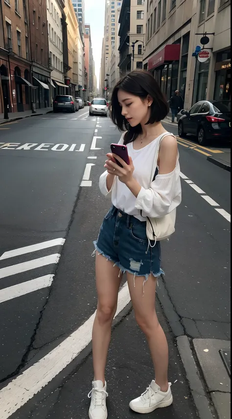 Beautiful woman, fiddling with cell phone in the middle of the street, short clothes