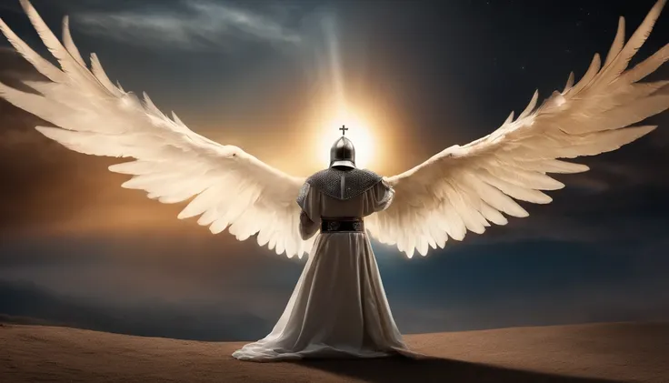 A Knight Templar in Prayer, with hands raised to the sky. Behind her, there is a bright light that represents the presence of God. Crie com cores muito brilhantes, light particles, com luz brilhante, Mshiff, Arte do papel de parede, Papel de parede UHD