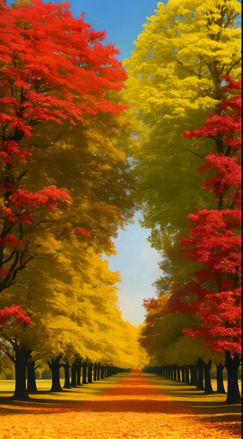 Generate an image of a landscape with trees full of colorful leaves. The camera angle should be from the front, highlighting the trees in the foreground. Focus on the leaves in shades of red, orange and yellow. Center the image to emphasize the beauty of t...