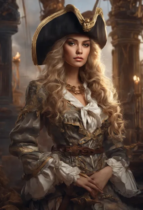 angelic girl dressed as a pirate posing, precise details, detailed face, fantasy, dramatic, intricate, elegant, highly detailed, Digital painting, art station, concept art, Sharp soft focus, illustration, art by Gustave Dore, Octane, 4k, (only:1.4)