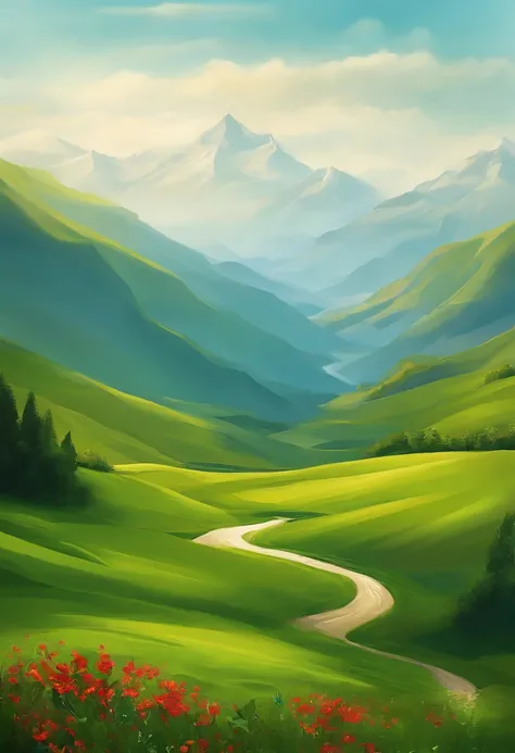 E-commerce background，Large green meadows，The vista is mountains, The blue sky is white, Then go，Natural light at noon，3:2，Masterpiece，8K，Abstract painting style