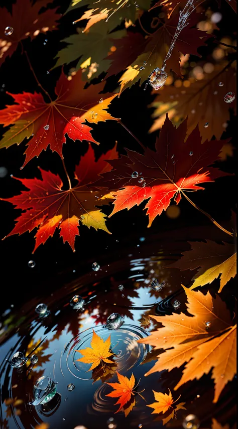 Photo of maple leaves and raindrops, Romantic landscape style, canon eos 5d mark iv, Sunny impressionism, Traditional Vietnamese, The reflection of soda, High quality photos - AR-v 5