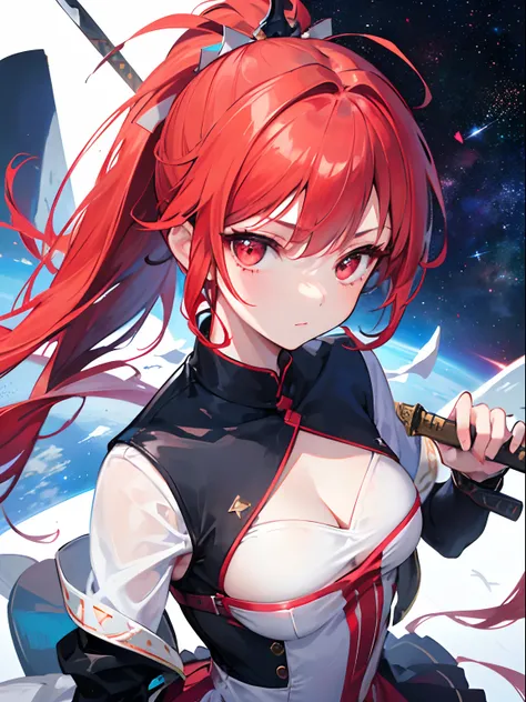 1girl, (young girl), red hair, long hair, (ponytail), ponytail, red eyes, (wearing a dress), beautiful dress, ((flying in the space)), ((flying in the above)),(((detail face))), ((Holding A sword))