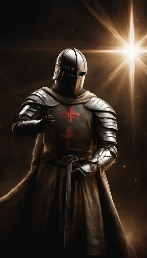 A Knight Templar in Prayer, with hands raised to the sky. Behind her, there is a bright light that represents the presence of God. Crie com cores muito brilhantes, light particles, com luz brilhante, Mshiff, Arte do papel de parede, Papel de parede UHD