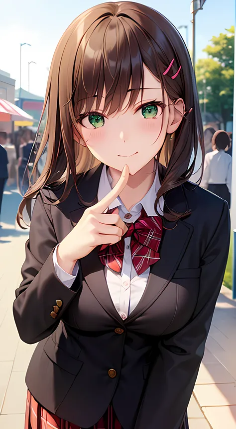 ((masterpiece, best quality, highres, UHD, perfect pixel, depth of field, 4k, RTX, HDR))), 1girl, single, solo, beautiful anime girl, beautiful artstyle, anime character, ((long hair, bangs, dark brown hair, curly hair:0.4, simple hair pin)), ((green eyes:...