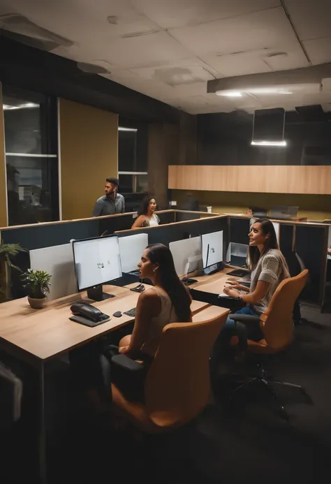 fotografia Horizontal muy realista de 4 mujeres , 2 mujeres latinas, 2 mujeres negras  , 4 hombres jovenes latinos , 10 a 8  personas , Personas sentadas en escritorios en una oficina con vistas a una ciudad, Trabajar en una oficina, Personas en el trabajo...