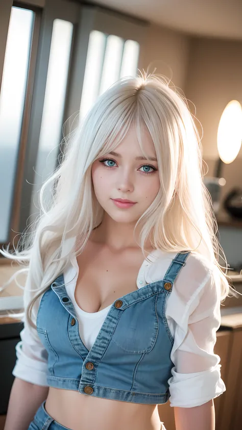 Realistic high resolution, 1 girl, White wavy hair, Heterochromic eyes, Small moles under the eyes, Loose white shirt, tight denim shorts, Large breasts, tmasterpiece, Realism