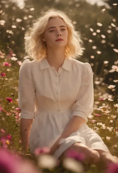 Very short hairstyle(medium close-up),Little fat girl,Cosmos Field,(((Cosmos blooms profusely))),(((cosmos))),Autumn sunshine pouring down from behind、The atmosphere of Elle Fanning,tiarra,cotton dress,(((thighs thighs thighs thighs))),bare-legged,white  h...