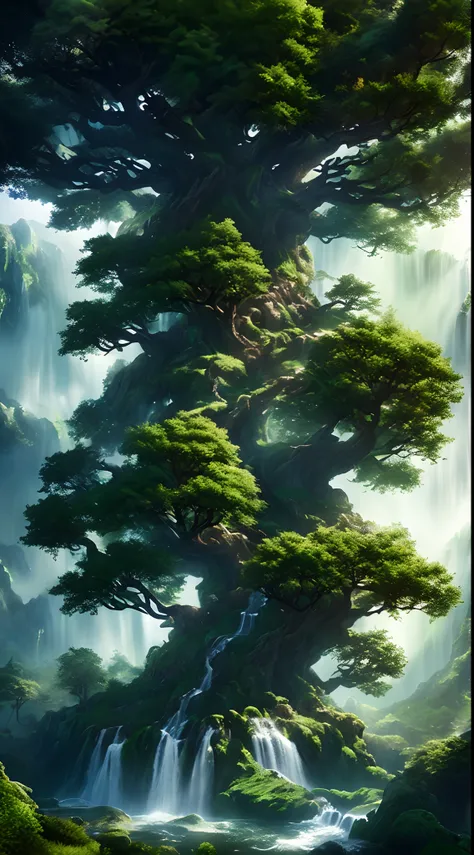 A Tree with Waterfall, Beeples Concept Art, Artstation Contest Winner, Fantasy Art, Fantasy Tree, Magic Tree, yggdrasil, Tree of Life, World Tree, Great Magic Tree, Magic Tree, Fantasy Magic Vegetation, Tree of Life, Detailed Fantasy Digital Art, Cosmic Tr...