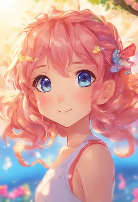 obra-prima, melhor qualidade, filme ainda, 1girl, garota nuvem, floating into the sky, close-up, brilhante, feliz, Soft lighting and Warm, sun sunset, (Sparks: 0,7),enorme conjunto de nuvens em espiral,elfa anime de cabelos vermelhos,staff raised towards t...