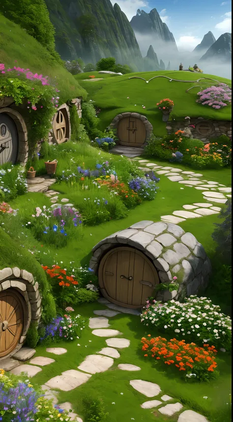 Landscape hobbit village, house with round windows and doors, small garden with small flowers, fantastic spring elf forest, flowers, sun, mountains in the mist in the background. High Quality, Hobbit Movies, Lord of the Rings Movies, Lord of the Rings Movi...