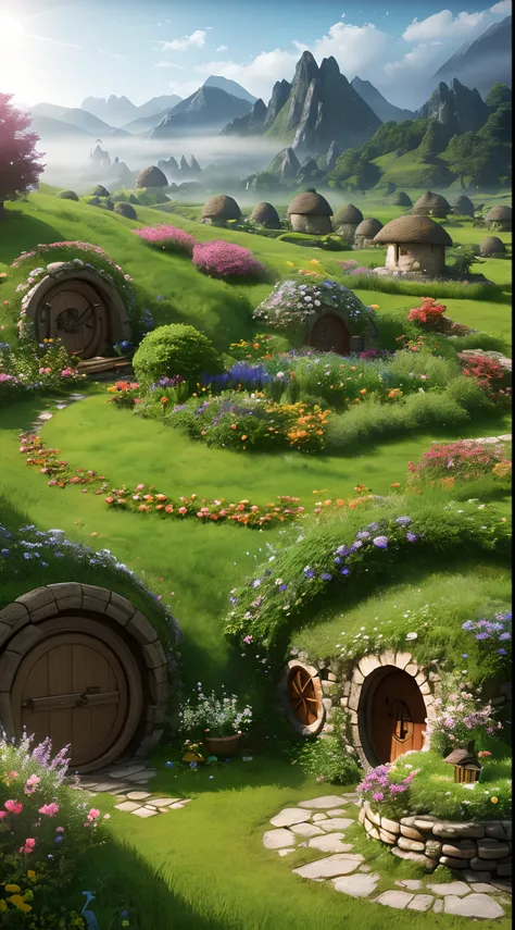 Landscape hobbit village, house with round windows and doors, small garden with small flowers, fantastic spring elf forest, flowers, sun, mountains in the mist in the background. High Quality, Hobbit Movies, Lord of the Rings Movies, Lord of the Rings Movi...