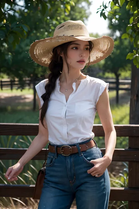 American couple embrace, a woman and man, woman playful flirts with a rugged and slender male cowboy , hes next to a fence, (she wears an open white shirt with rolled up sleeves, tight jeans with leather belt held by large intricate silver belt-buckle) wom...