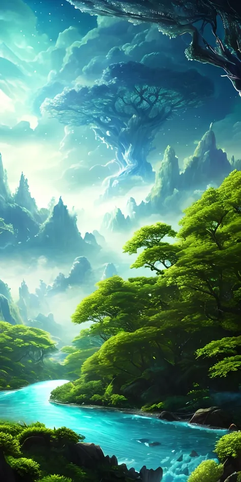 Illustration of a surreal, otherworldly, hyper sky scene including a giant crystal tree full body, highly detailed and magical lighting, intricate forest details, vegetation and surrounding river, solar punk, landscape, giant tree , beautiful green leaves,...