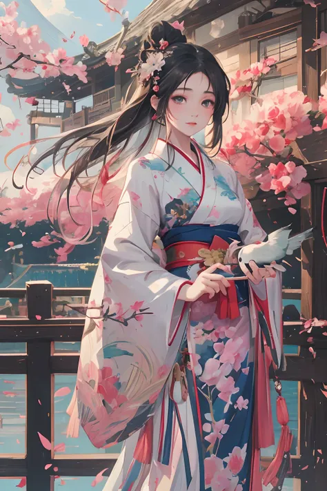 anime girl in a kimono dress with a fan and a bird, palace ， a girl in hanfu, by yang j, a beautiful artwork illustration, beaut...