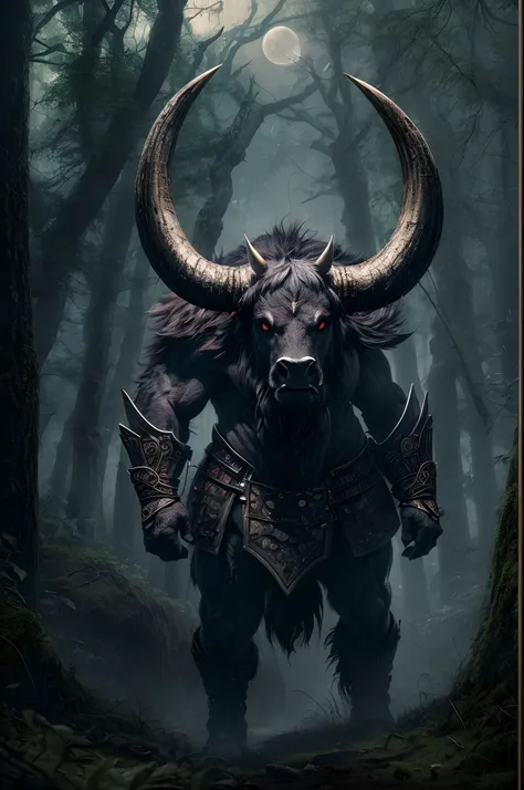 (best quality,4k,8k,highres,masterpiece:1.2),ultra-detailed,(realistic,photorealistic,photo-realistic:1.37),characteristic Bulls Head Minotaurus,samurai armor,longhorn,sharp horns,large muscular body,menacing appearance,ancient forest,moonlit scene,dense f...