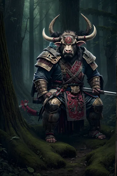 A Minotaurus with characteristic Bulls Head wearing Samurai Outfit in A Old Forest At Night, Warhammer,