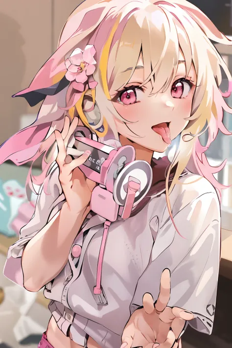 best quality, masterpiece, 1girl, blonde hair, pink eyes, holding, licking ear, 3dio,