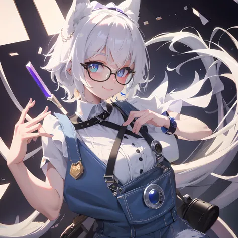 (Masterpiece, Best quality), 1girll, Solo, with short white hair, Wolf ears, Wolf tail, long eyebrow, Heterochromia, Redness of the right eye, blue eye on left eye, White shirt, Blue overalls, White-framed glasses, Left head purple berets, Neckbells, Light...