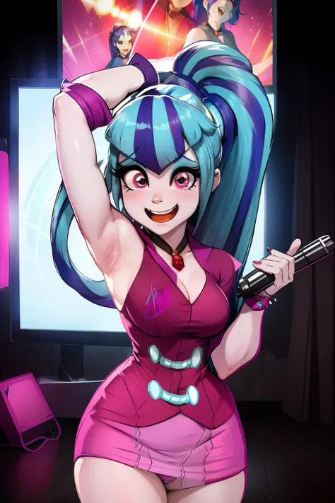 Sonata dusk, The woman, Average Breasts, Adult, violet eyes, naked ass,  femenine body, Female genitals, in full height, Holds the microphone, Room, TV screen, sings karaoke, Dancing, A big smile, Blue hair, pony tail