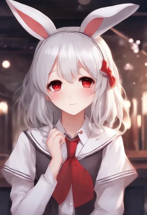 Anime girl with white hair bunny ears, Red eyes, Shy blush, school uniform