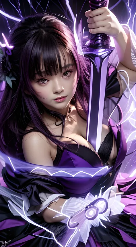 a woman in a purple dress holding a sword and a purple lightning,