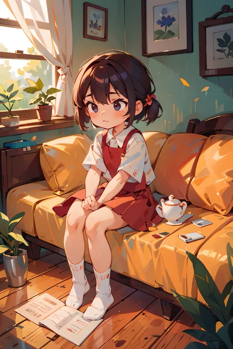 Best quality, Masterpiece,, illustration, the wallpaper，1girll, Solo，White shirt, Red skirt, Socks, double tails,at the lakes，Contemplative，