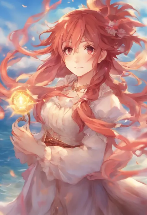 obra-prima, melhor qualidade, filme ainda, 1girl, garota nuvem, floating into the sky, close-up, brilhante, feliz, Soft lighting and Warm, sun sunset, (Sparks: 0,7),enorme conjunto de nuvens em espiral,elfa anime de cabelos vermelhos,staff raised towards t...