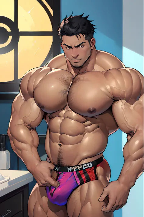 big muscle, (hyper pecs:1.8),Big,Akitaru Obi,(Oiled skin,Dark skin,dark-skinned male:1.2),Young men,Black eyes,Upper body naked, cleavage of the breast,("Wearing string underwear, big bulge ":1.2), Show off your breasts,Being in the bedroom, masutepiece,  ...