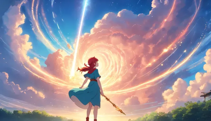 (enormous spiral cloud cluster),(red-haired elf looking at the sky),(golden staff emitting blue light),(staff lifted high towards the enormous spell forming),(best quality,4k,8k,highres,masterpiece:1.2),(ultra-detailed),(realistic,photorealistic,photo-real...