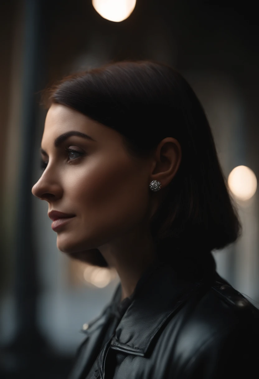 [beautiful woman with short hair, black hair, slanted eyes, symmetrical face, brown eyes ], Cinematic, Photoshoot, Shot on 25mm lens, Depth of Field, Tilt Blur, Shutter Speed 1/1000, F/22, White Balance, 32k, Super-Resolution, Pro Photo RGB, Half rear Ligh...