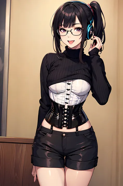 best quality,masterpiece,original,extremely detailed wallpaper,looking at viewer,1girl,solo,blunt bangs,side ponytail,happy,;D,black sweater,glasses,headphones,corset, black hair, short pants