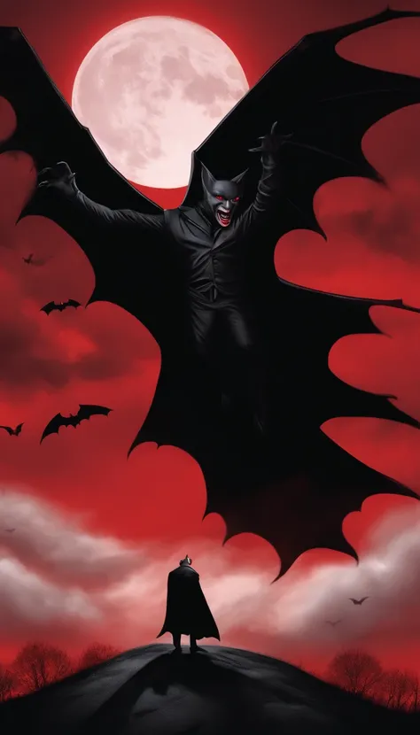 Vampire in a black coat，red color eyes，Bats fly around，Red sky，borgar