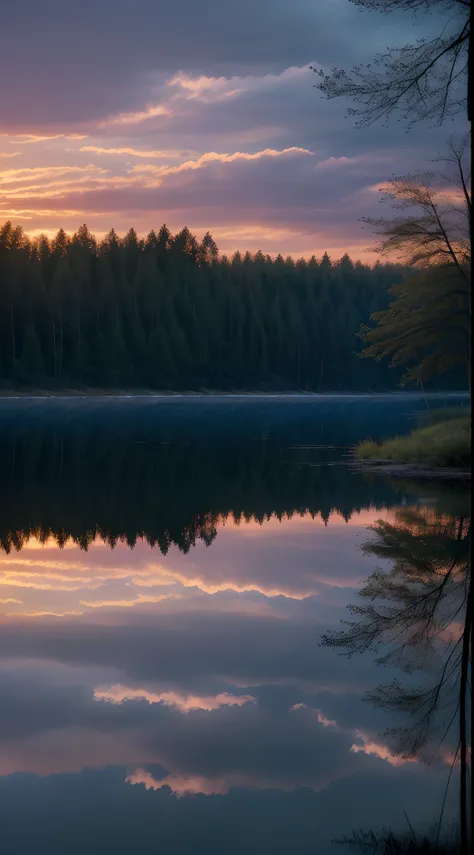 Wallpaper, summer, lake, dawn, forest, clouds, dawn background, depth of field, HD detail, hyperdetail, cinematic, soft light, deep field focus bokeh, ray tracing, diffuse (ultra-fine glass reflection) and realism. --v6