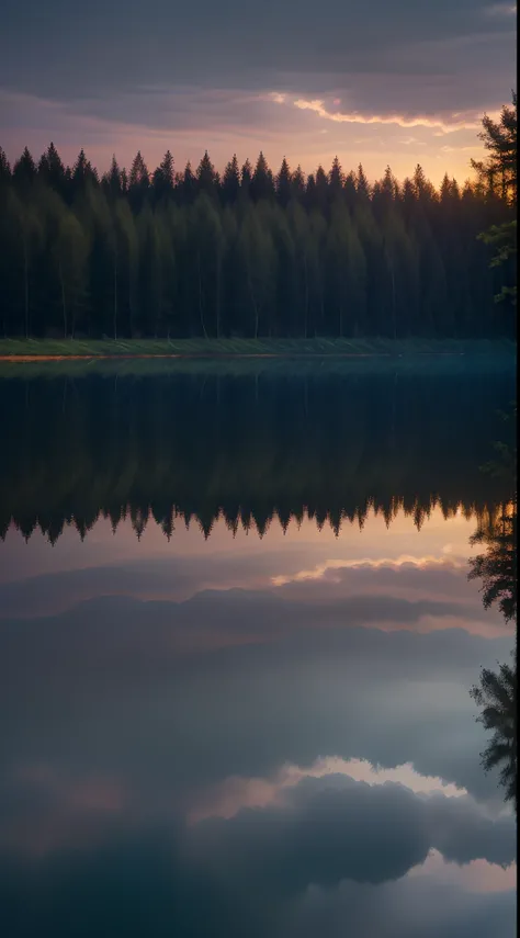 Wallpaper, summer, lake, dawn, forest, clouds, dawn background, depth of field, HD detail, hyperdetail, cinematic, soft light, deep field focus bokeh, ray tracing, diffuse (ultra-fine glass reflection) and realism. --v6