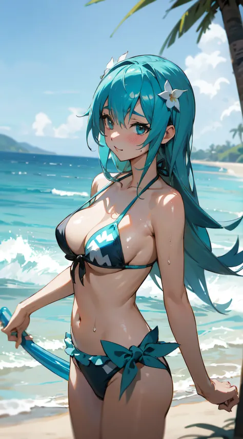 A closeup of a woman in a bikini on a beach, roupa de banho, Mayuri Shiina, Aqua, Konosuba, bswimsuit, is wearing a swimsuit, kantai collection style, Estilo de pista Azur, Realistic bikini, bikini blue, Marin Kitagawa Fanart, arte oficial do anime, anime ...