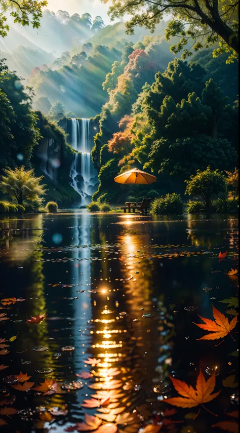 Picture of leaves and raindrops, Romantic landscape style, canon eos 5d mark iv, Sunny impressionism, Traditional Vietnamese, sparkling water reflections, high-quality photo, Stock Photo - AR 2:3 --v 5