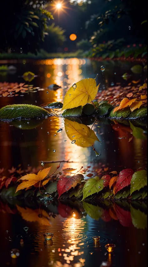 Picture of leaves and raindrops, Romantic landscape style, canon eos 5d mark iv, Sunny impressionism, Traditional Vietnamese, sparkling water reflections, high-quality photo, Stock Photo - AR 2:3 --v 5