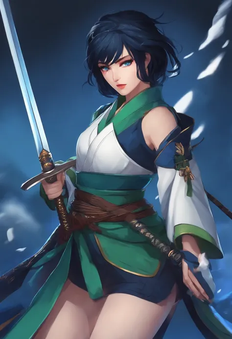 (best quality,highres),anime girl, swordsman, cold expression, short hair, dark blue hair, blue eyes, beautiful, samurai outfit, blue, green and black, vibrant colors, cartoon girl