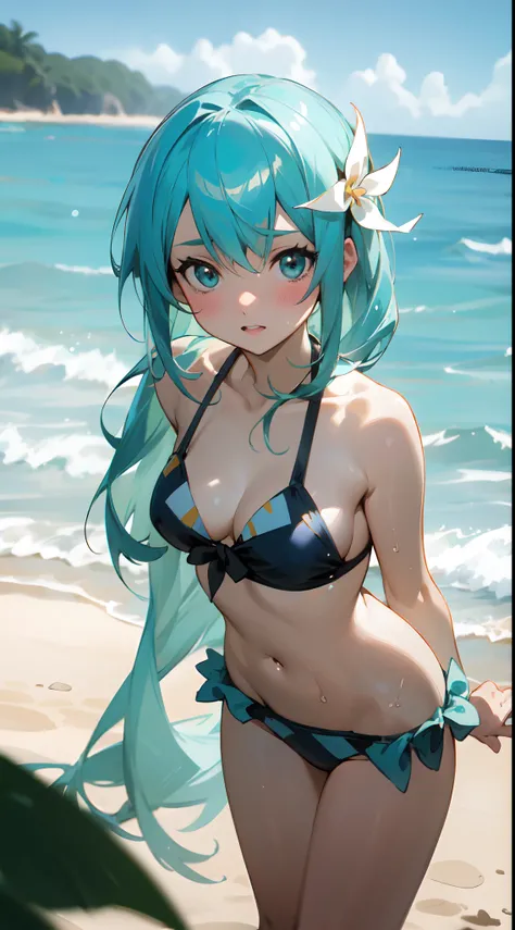 A closeup of a woman in a bikini on a beach, roupa de banho, Mayuri Shiina, Aqua, Konosuba, bswimsuit, is wearing a swimsuit, kantai collection style, Estilo de pista Azur, Realistic bikini, bikini blue, Marin Kitagawa Fanart, arte oficial do anime, anime ...