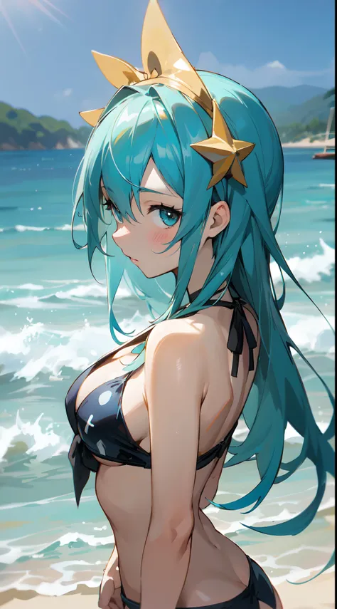 A closeup of a woman in a bikini on a beach, roupa de banho, Mayuri Shiina, Aqua, Konosuba, bswimsuit, is wearing a swimsuit, kantai collection style, Estilo de pista Azur, Realistic bikini, bikini blue, Marin Kitagawa Fanart, arte oficial do anime, anime ...