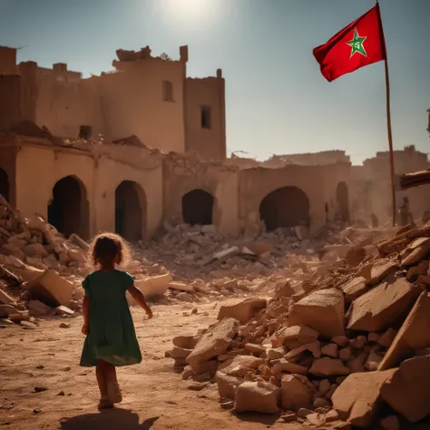 Morocco earthquake, one little girl from behind waving Moroccan flag looking at rubble and destruction, somber, hope, (masterpiece:1.1) (best quality) (detailed) (intricate) (8k) (HDR) (cinematic lighting) (sharp focus:1.1)