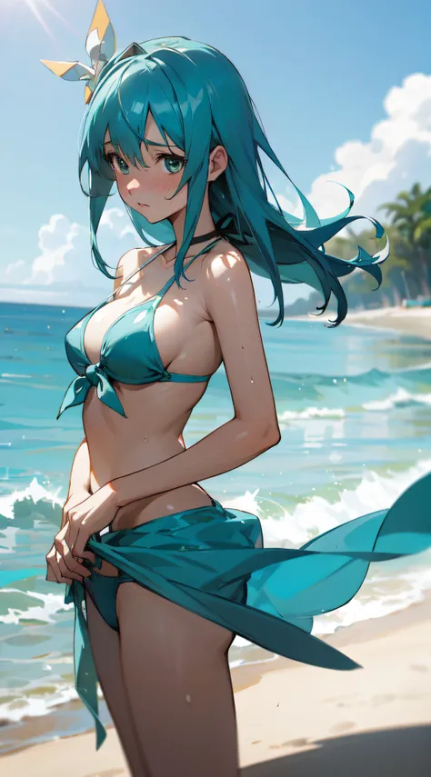 A closeup of a woman in a bikini on a beach, roupa de banho, Mayuri Shiina, Aqua, Konosuba, bswimsuit, is wearing a swimsuit, kantai collection style, Estilo de pista Azur, Realistic bikini, bikini blue, Marin Kitagawa Fanart, arte oficial do anime, anime ...