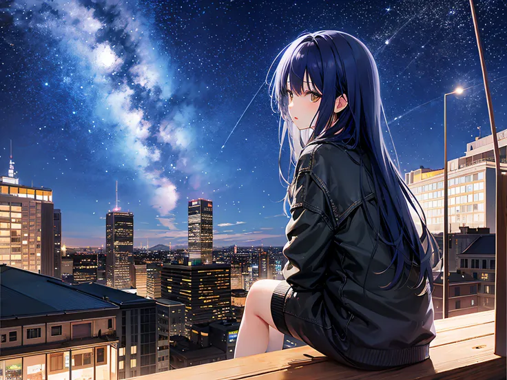 beautiful detailed glow, best quality, octans, sky, star (sky), scenery, starry sky, night, 1girl, night sky, solo, outdoors, building, cloud, milky way, sitting, glassy eyes, tree, long hair, city, silhouette, cityscape, panoramic