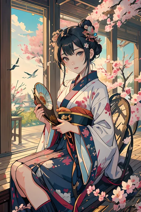 anime girl in a kimono dress with a fan and a bird, palace ， a girl in hanfu, by yang j, a beautiful artwork illustration, beaut...