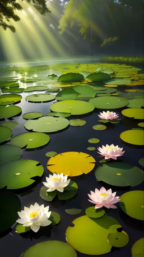 tmasterpiece，delicated，Beautiful scenery deep in the lotus pond，（colorful、vividness、rays of sunshine、Cool light：1.2）Lotus leaves in a pond，There are dew drops on the lotus leaves，High quality High quality